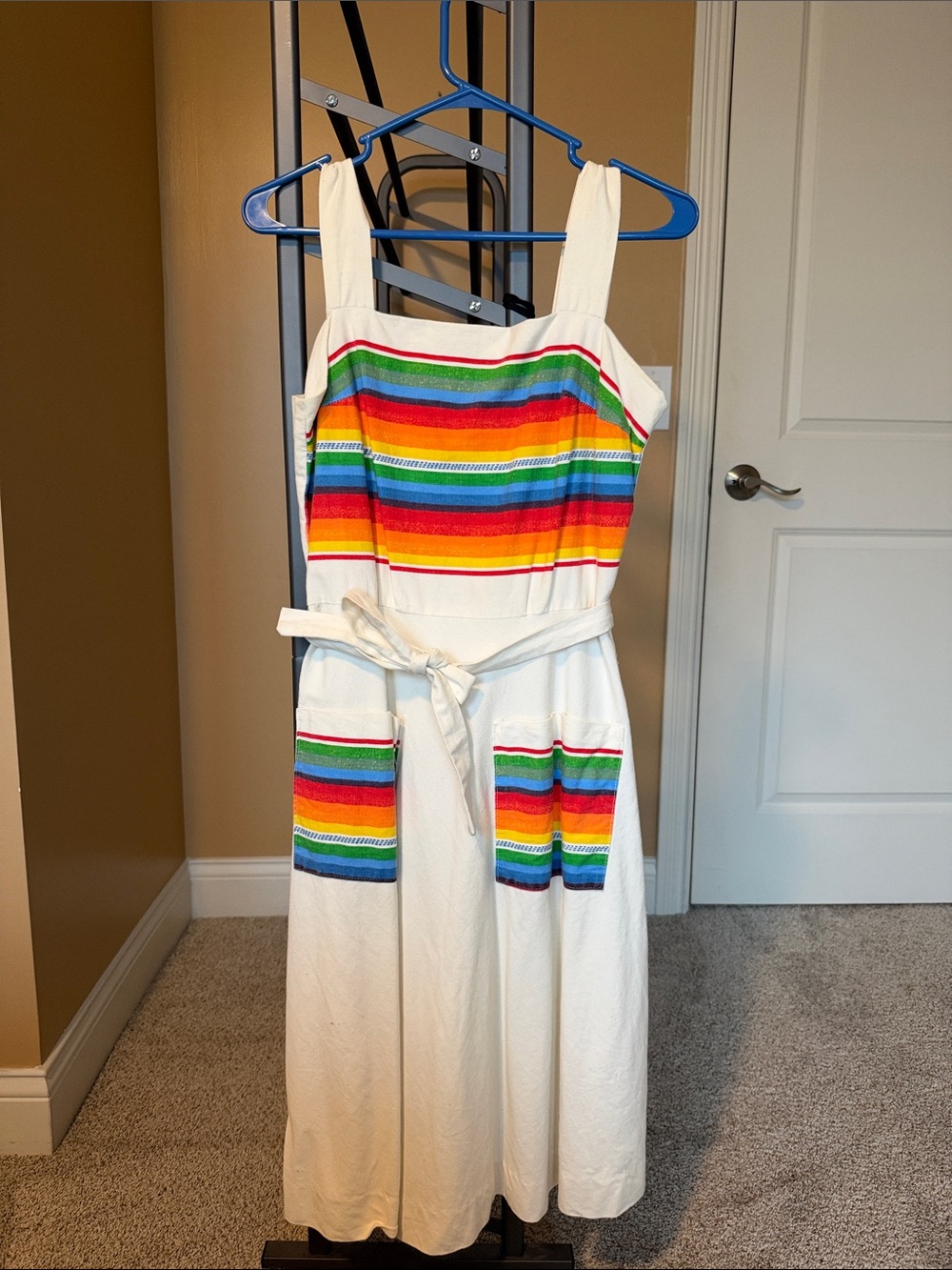Vintage White Sundress with Rainbow Stripe Accents